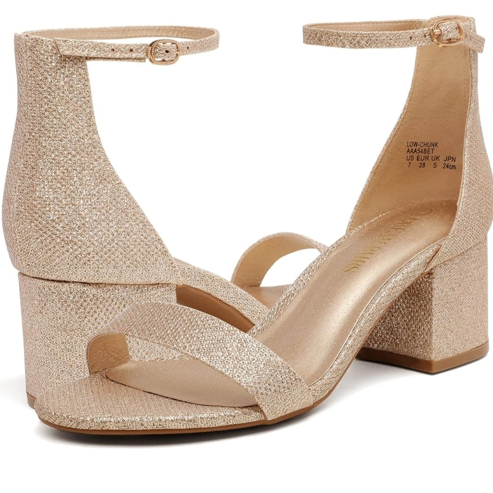DREAM PAIRS Women's Low-Chunk Low Heel Gold Sparkle Pump Sandals Size 9
